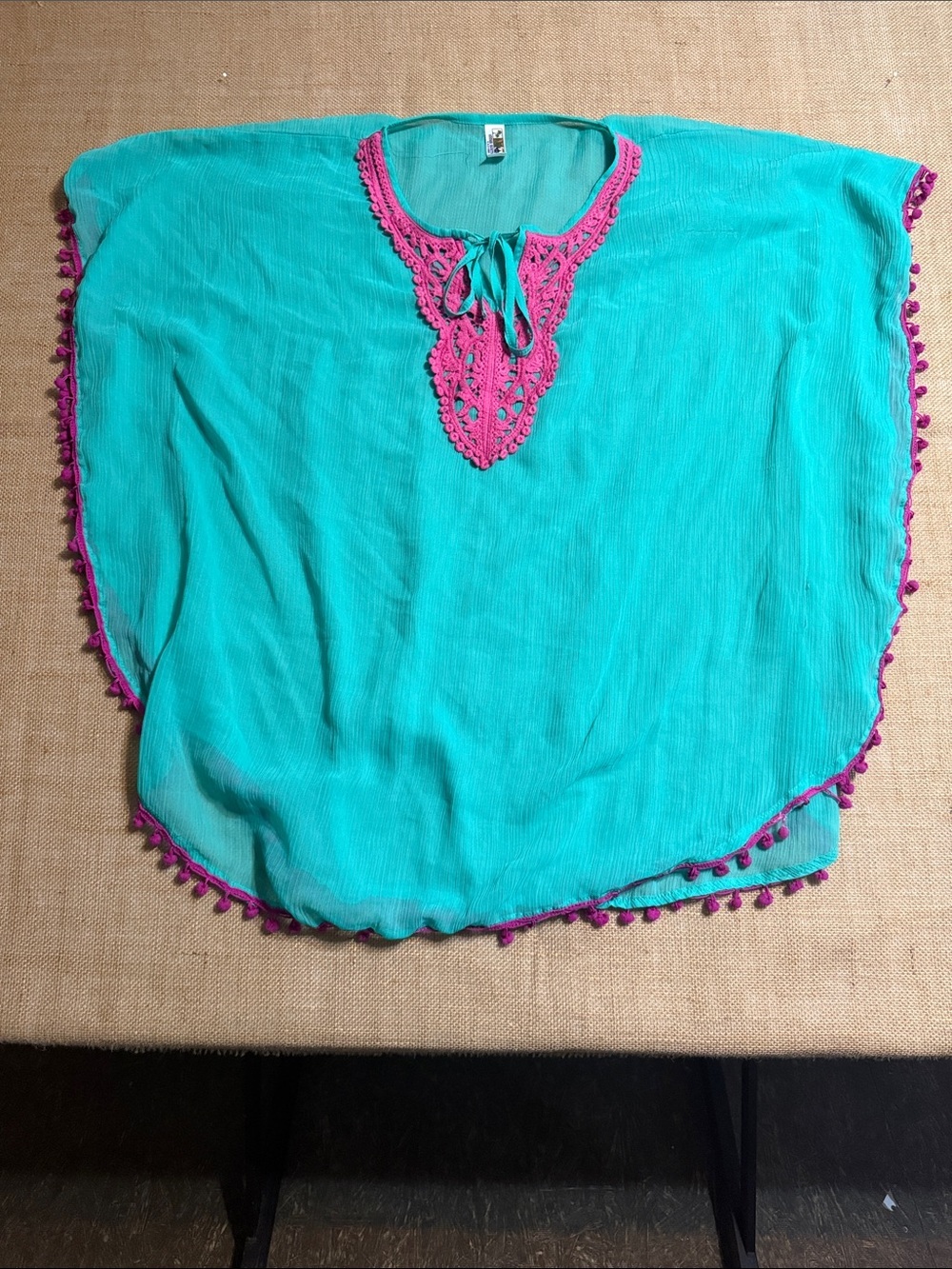 India Boutique Turquoise Tunic with Pink Crochet Trim